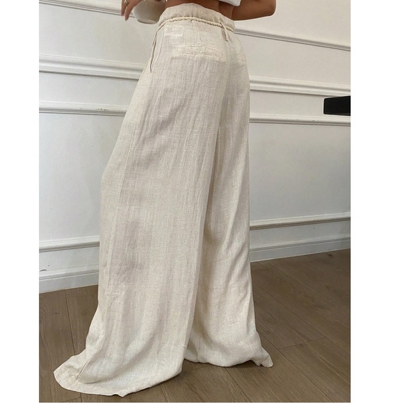 Classic Solid Wide Leg Linen Drawstring Waist Trouser Pants - Picture 5 of 9